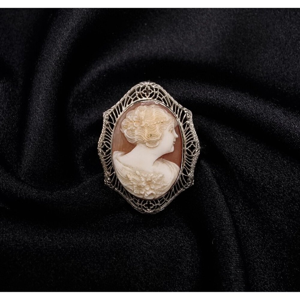 Antique 1900's-1920's 10K White Gold Real Cameo Brooch & Pendant